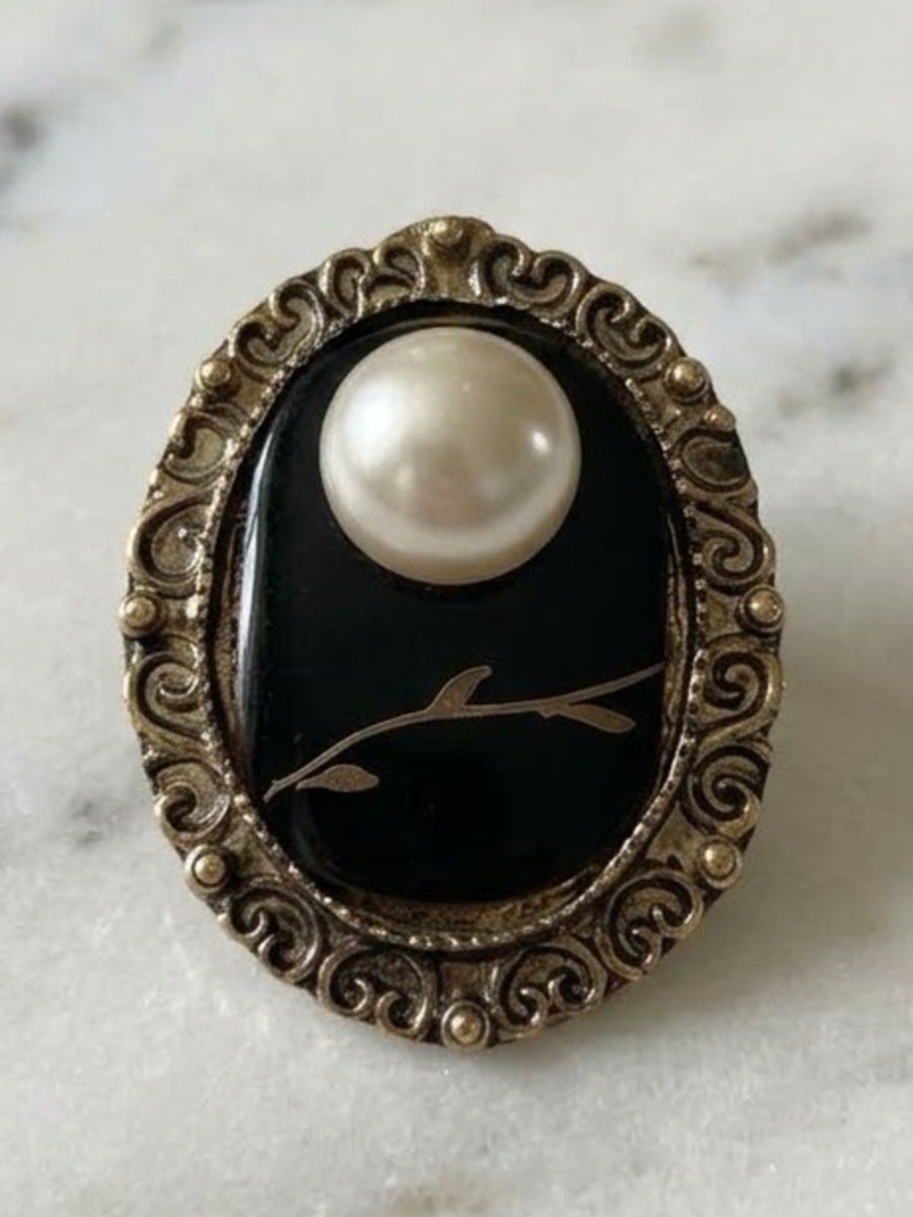 Artisanal Brooch/Pendant Black Enamel Faux Pearl Ornate Gold Trim